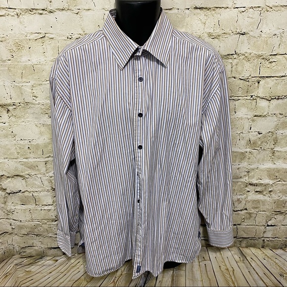 Tommy Hilfiger Blue Tan Striped Cotton Button Up Shirt - Picture 1 of 5